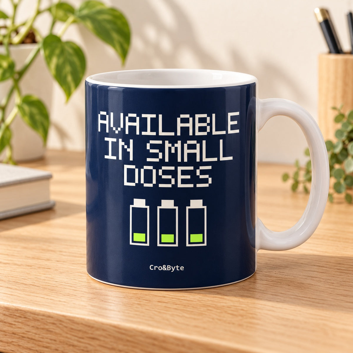 Available in Small Doses — Navy artwork preview for mug