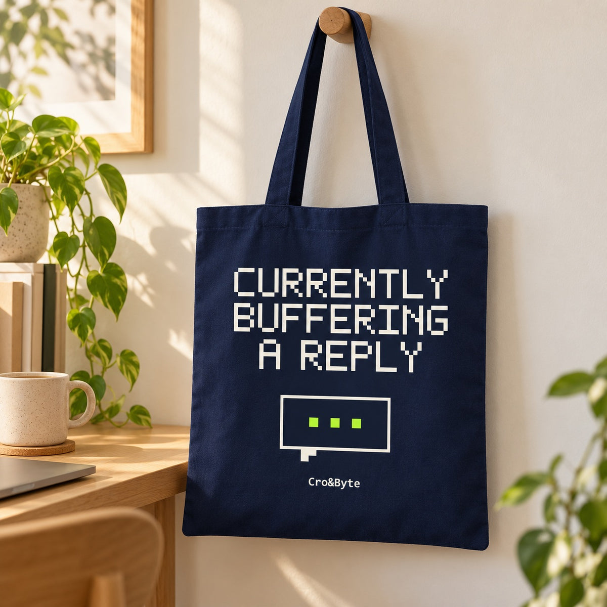 Currently Buffering a Reply — Navy artwork preview for tote bag