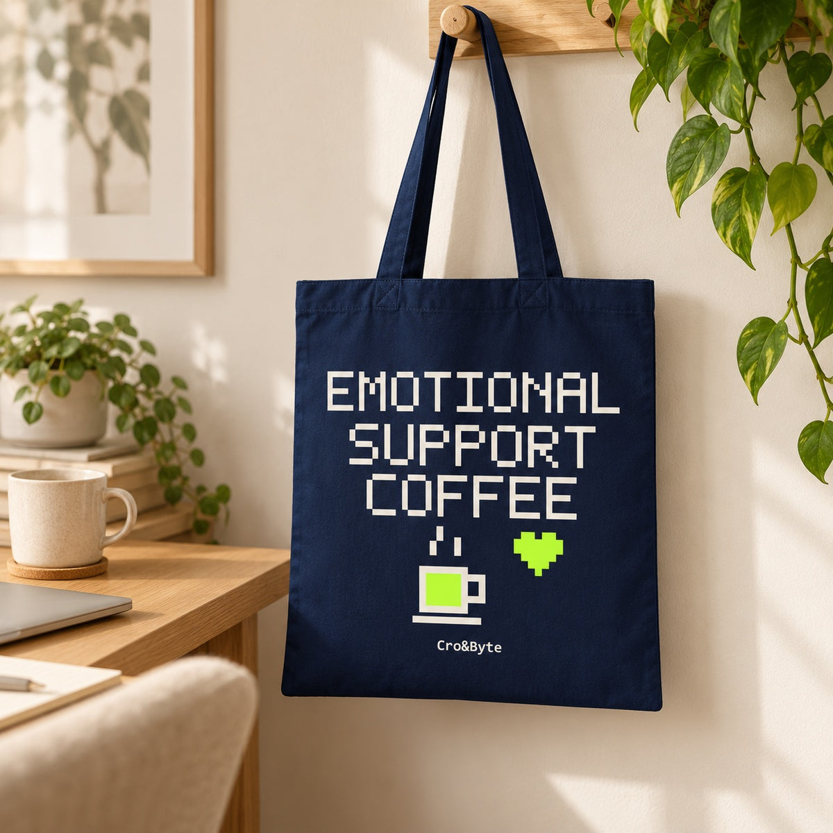 Emotional Support Coffee — Navy artwork preview for tote bag