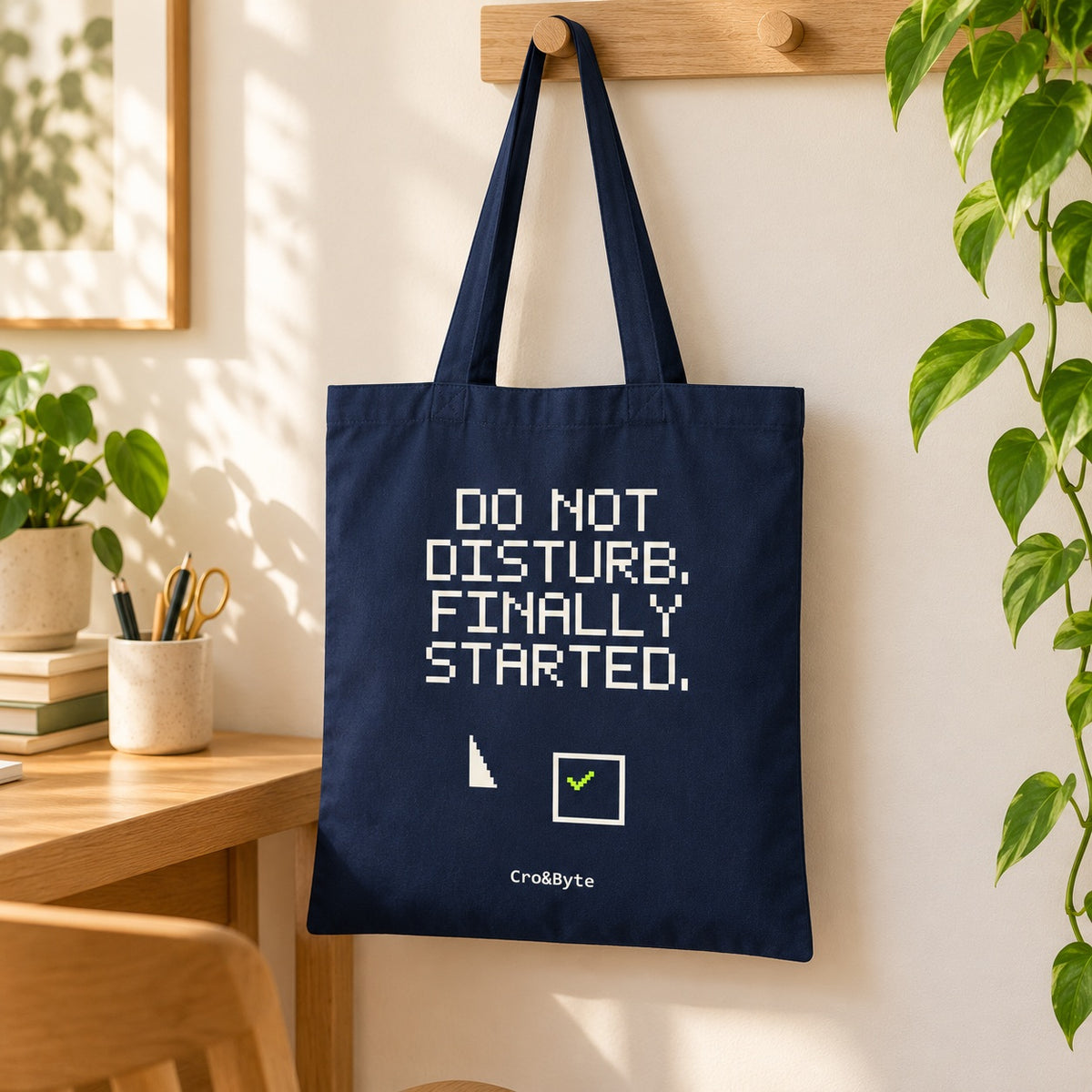 Do Not Disturb. Finally Started. — Navy artwork preview for tote bag