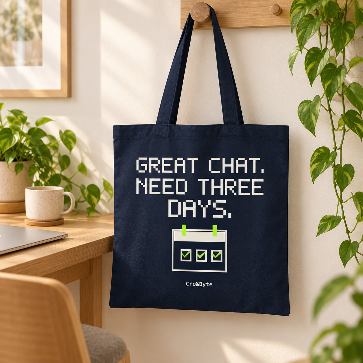 Great Chat. Need Three Days. — Navy artwork preview for tote bag