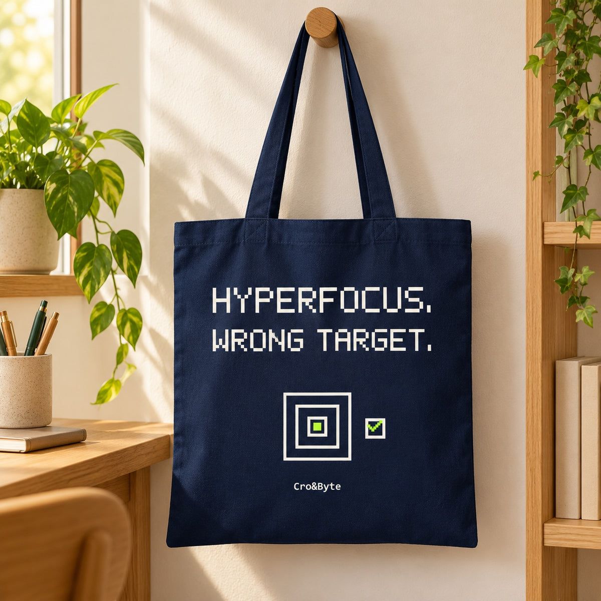 Hyperfocus. Wrong Target. — Navy artwork preview for tote bag