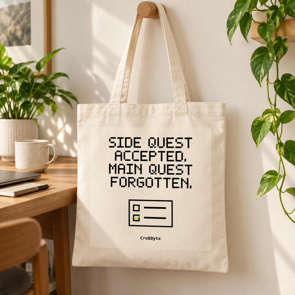 Side Quest Accepted. Main Quest Forgotten. — Cream artwork preview for tote bag