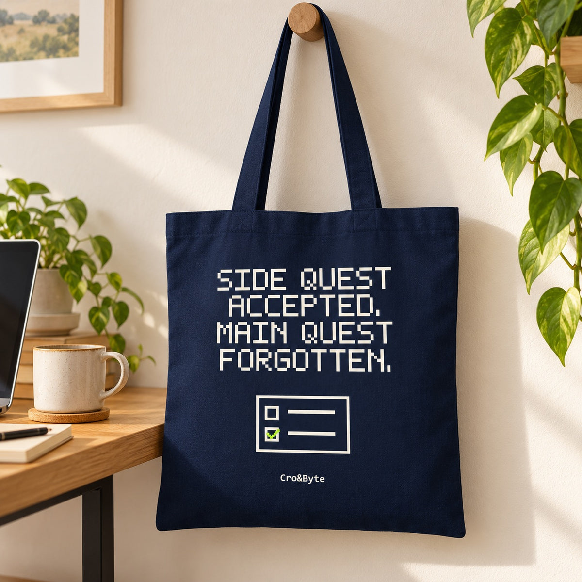 Side Quest Accepted. Main Quest Forgotten. — Navy artwork preview for tote bag