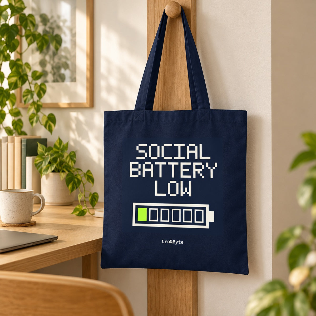 Social Battery Low — Navy artwork preview for tote bag