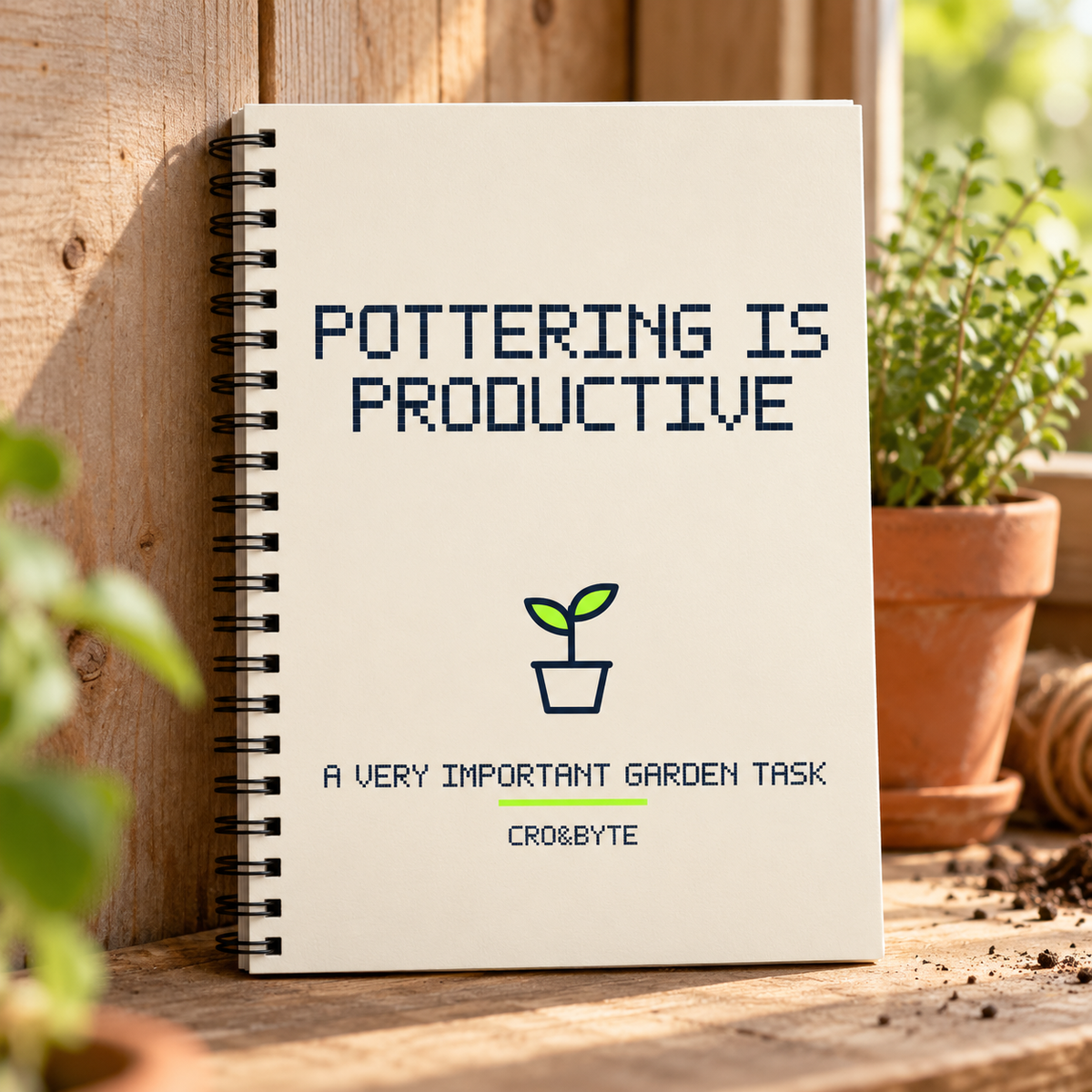 Pottering Is Productive — Cream notebook, individual realistic product photograph