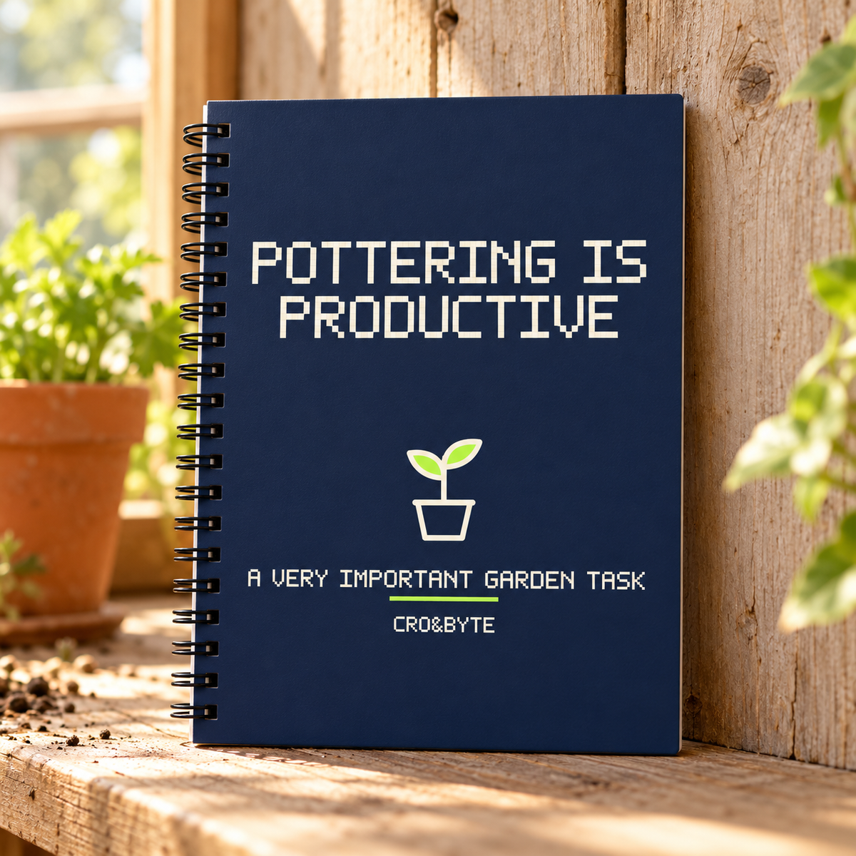 Pottering Is Productive — Navy notebook, individual realistic product photograph