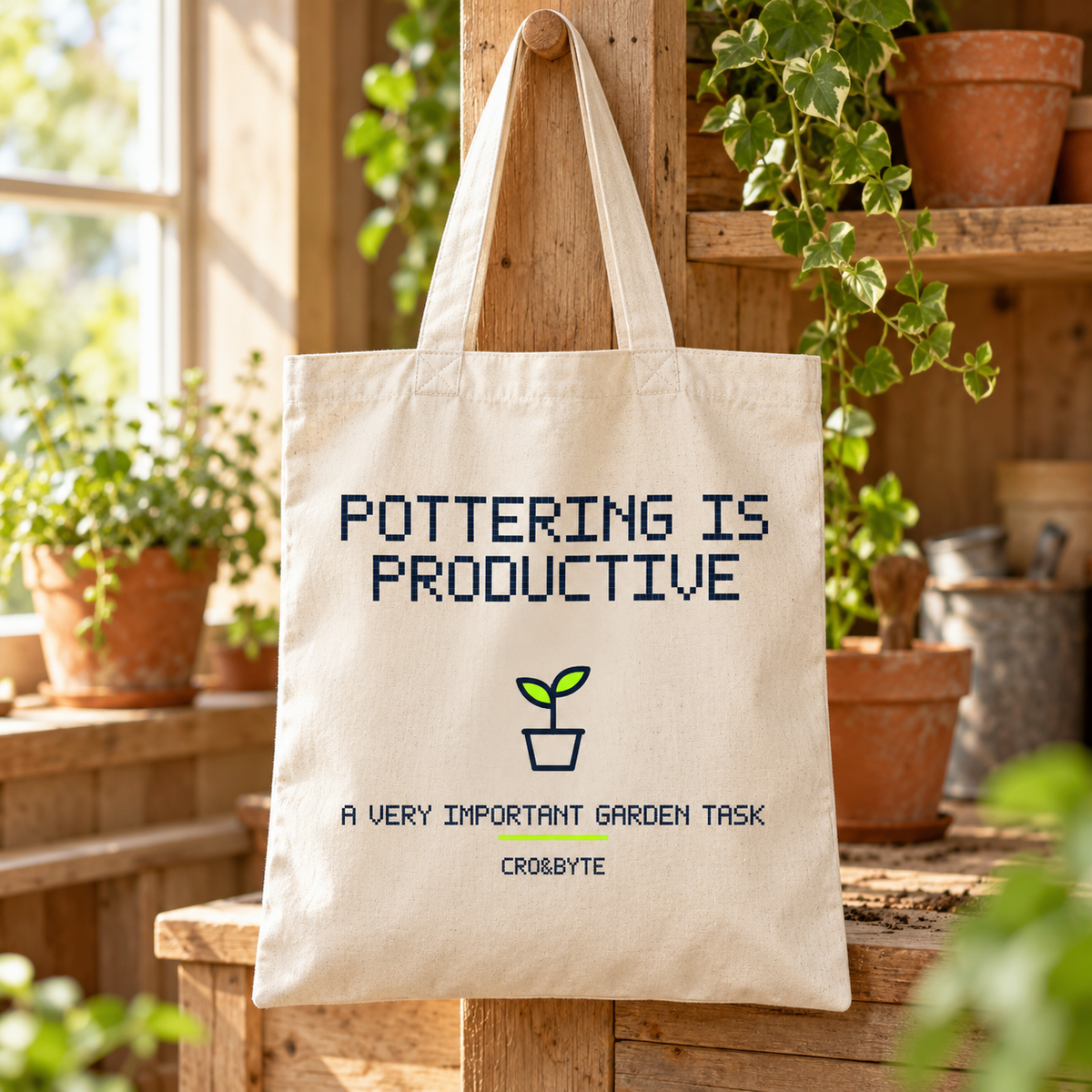 Pottering Is Productive — Cream tote, individual realistic product photograph