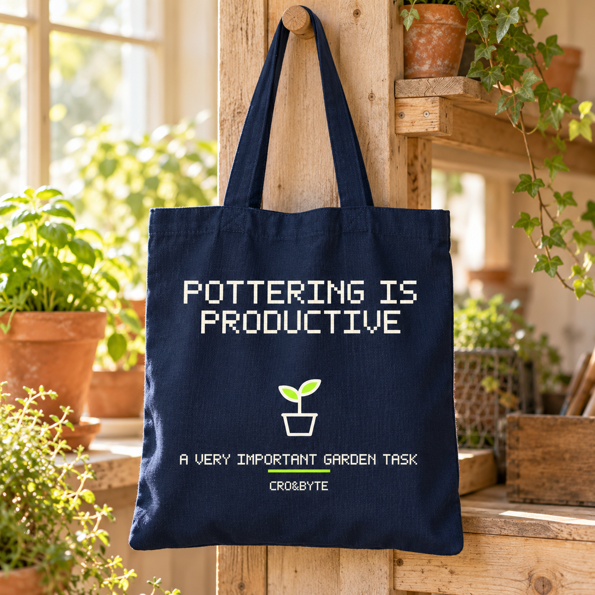 Pottering Is Productive — Navy tote, individual realistic product photograph