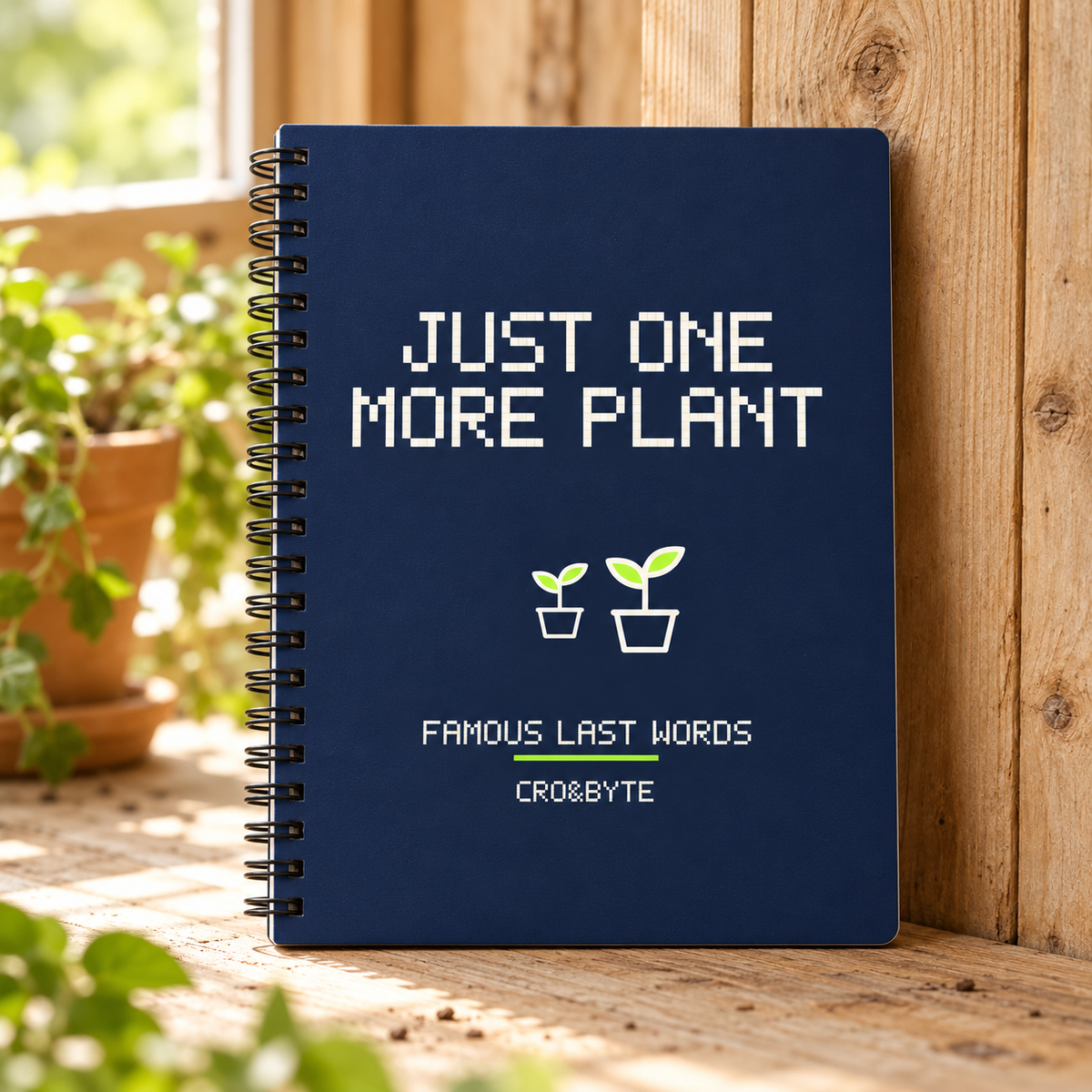 Just One More Plant — Navy notebook, individual realistic product photograph
