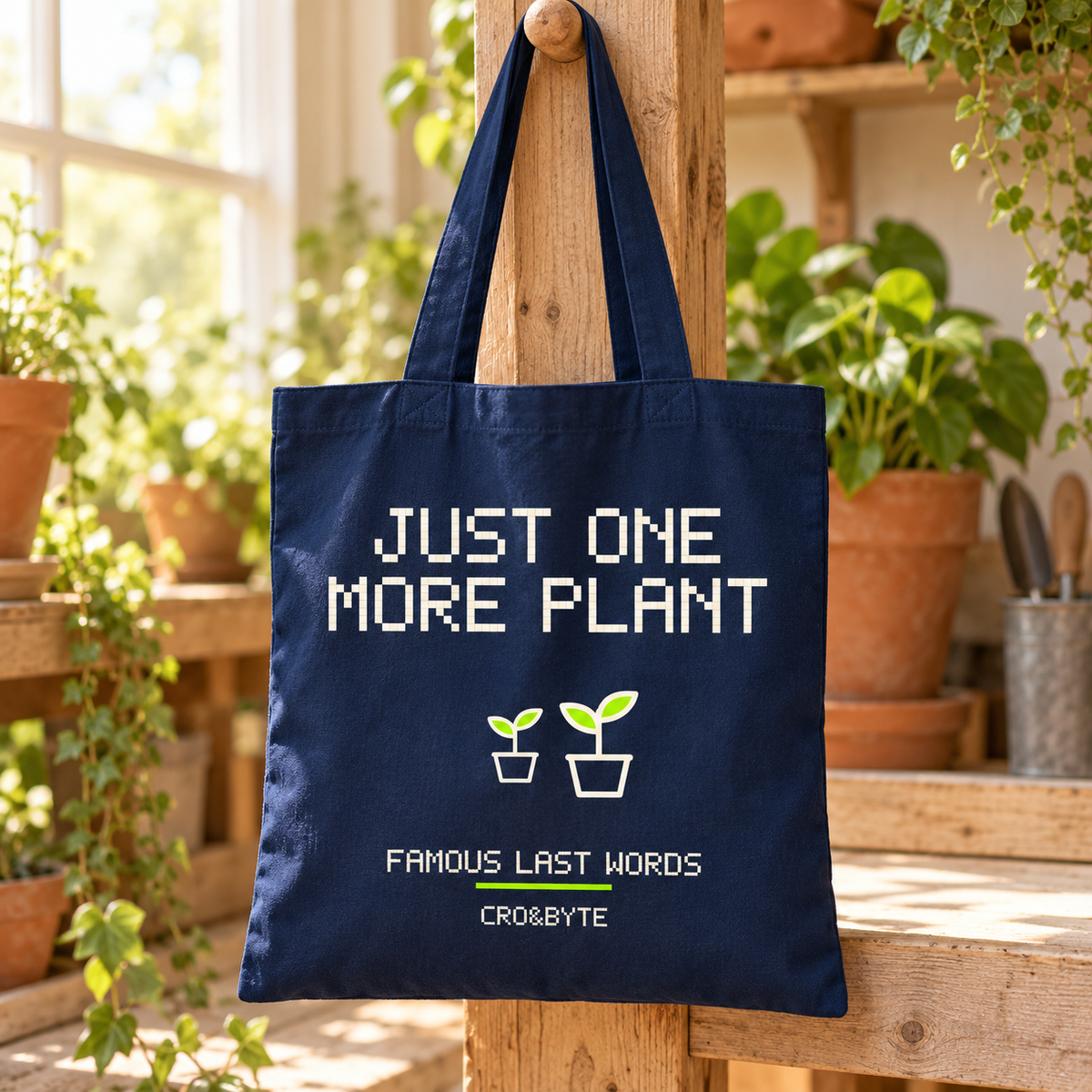 Just One More Plant — Navy tote, individual realistic product photograph