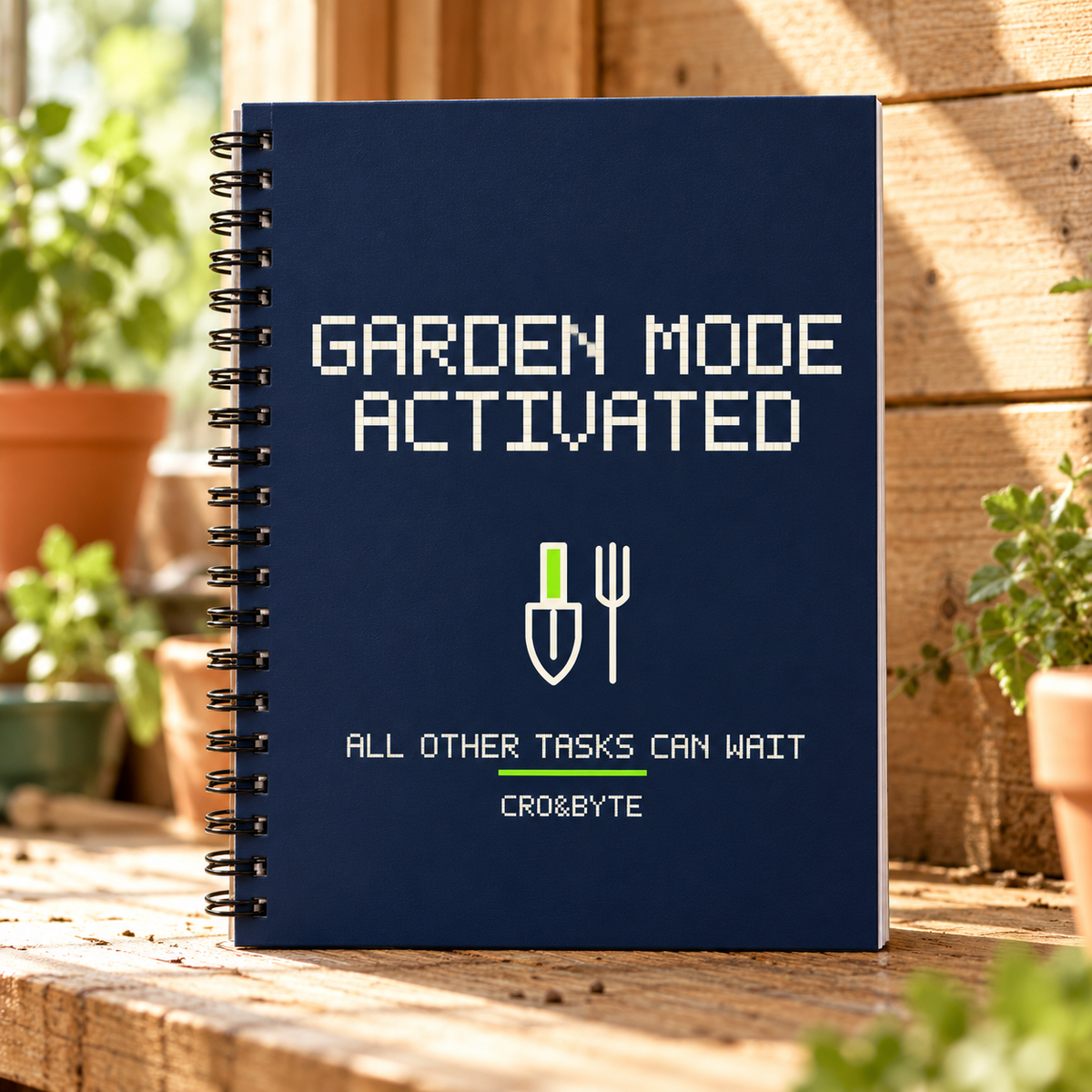 Garden Mode Activated — Navy notebook, individual realistic product photograph