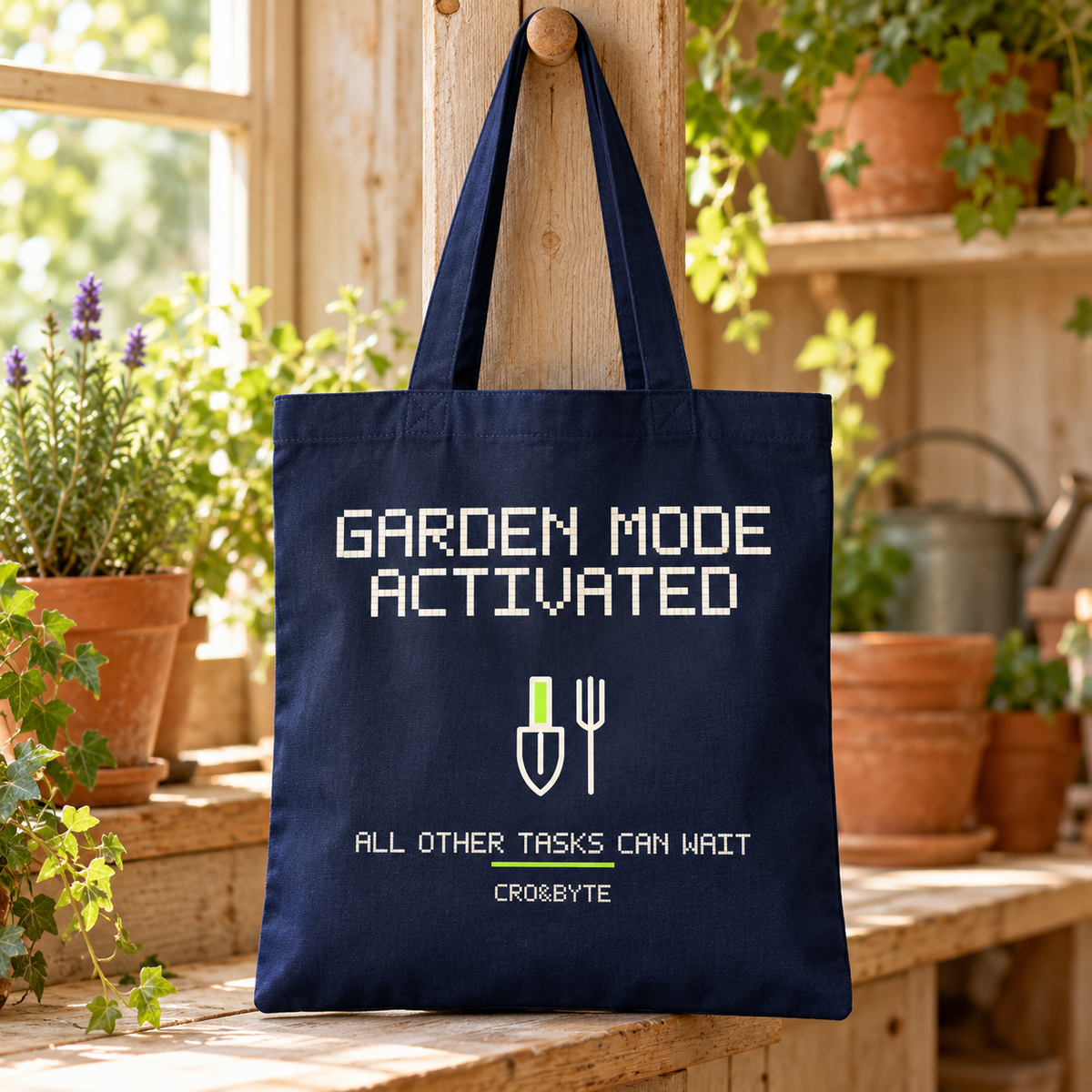 Garden Mode Activated — Navy tote, individual realistic product photograph
