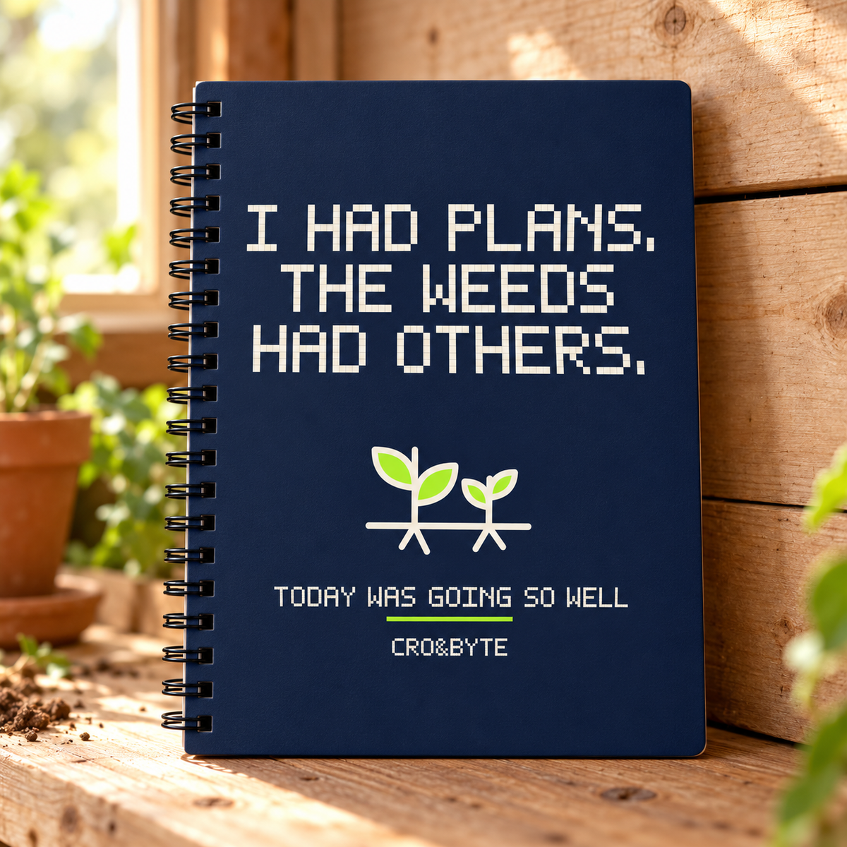 Weeds Have Other Plans — Navy notebook, individual realistic product photograph