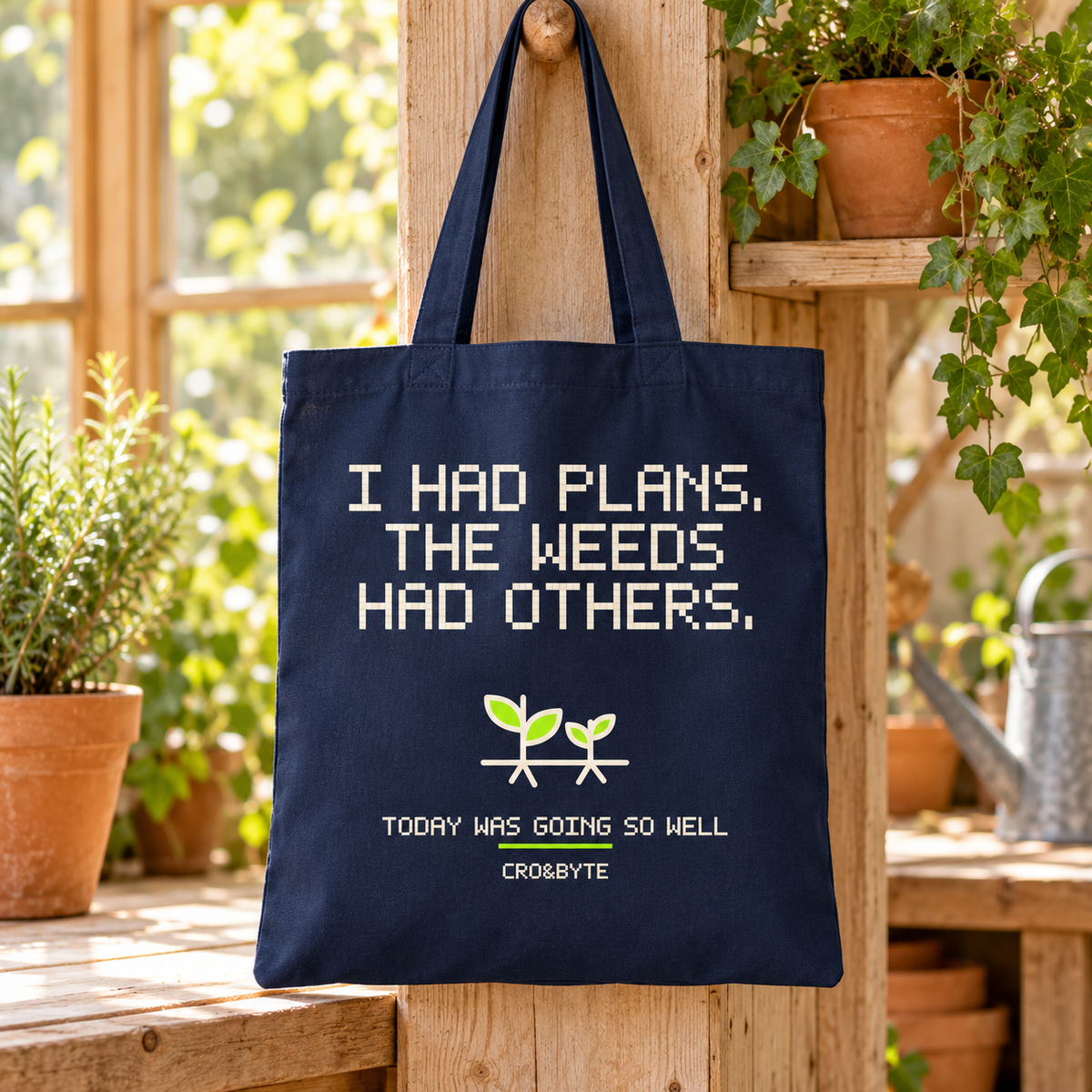 Weeds Have Other Plans — Navy tote, individual realistic product photograph