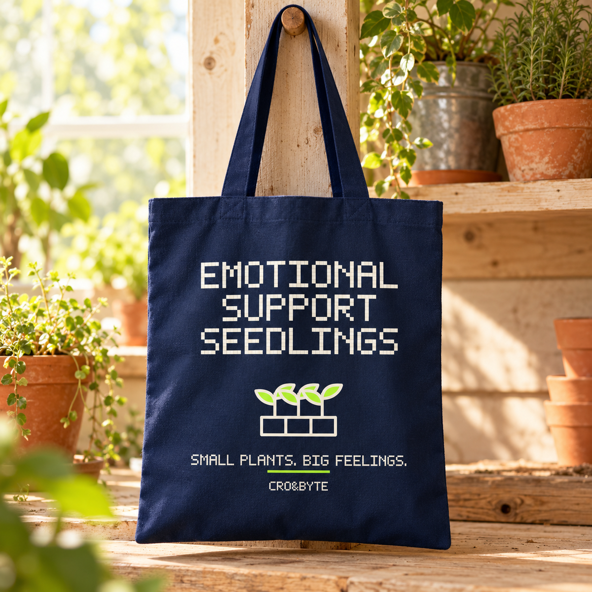 Emotional Support Seedlings — Navy tote, individual realistic product photograph