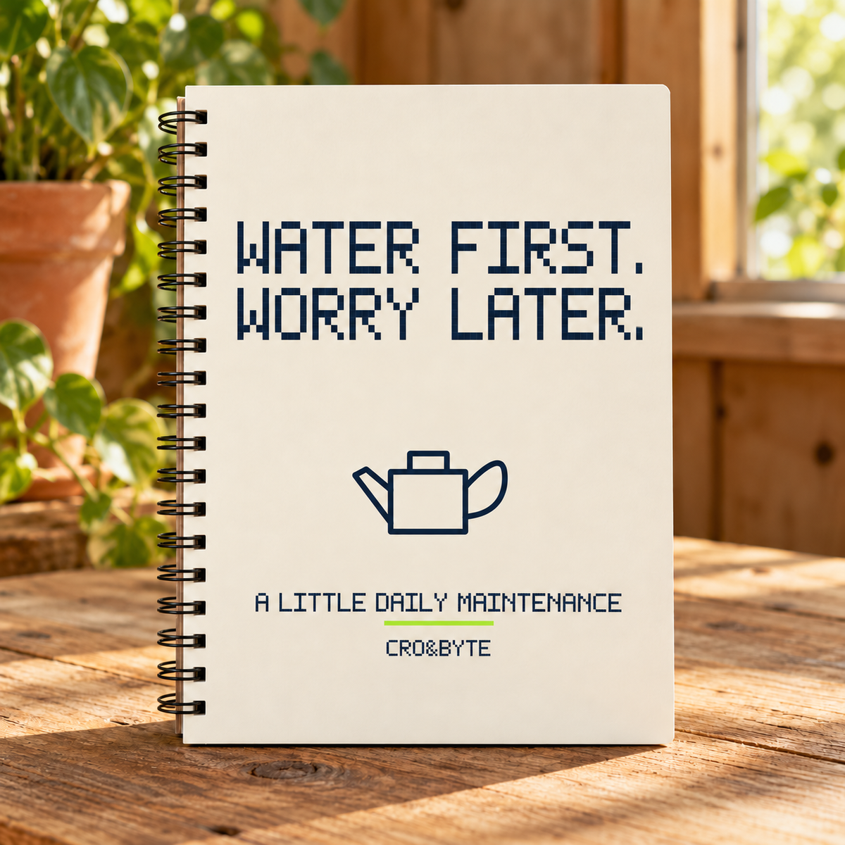 Water First Worry Later — Cream notebook, individual realistic product photograph