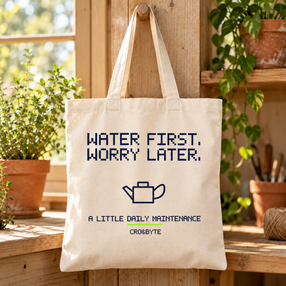 Water First Worry Later — Cream tote, individual realistic product photograph