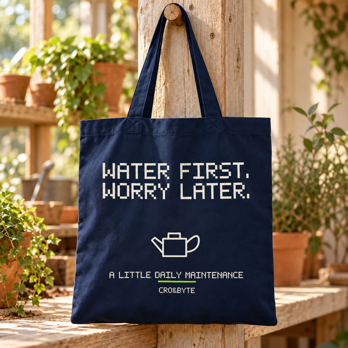 Water First Worry Later — Navy tote, individual realistic product photograph