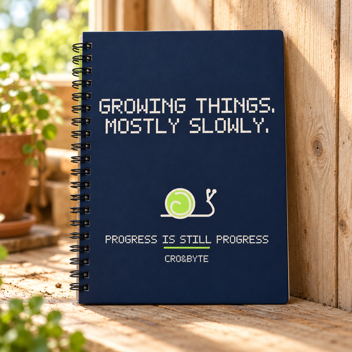 Growing Things Slowly — Navy notebook, individual realistic product photograph