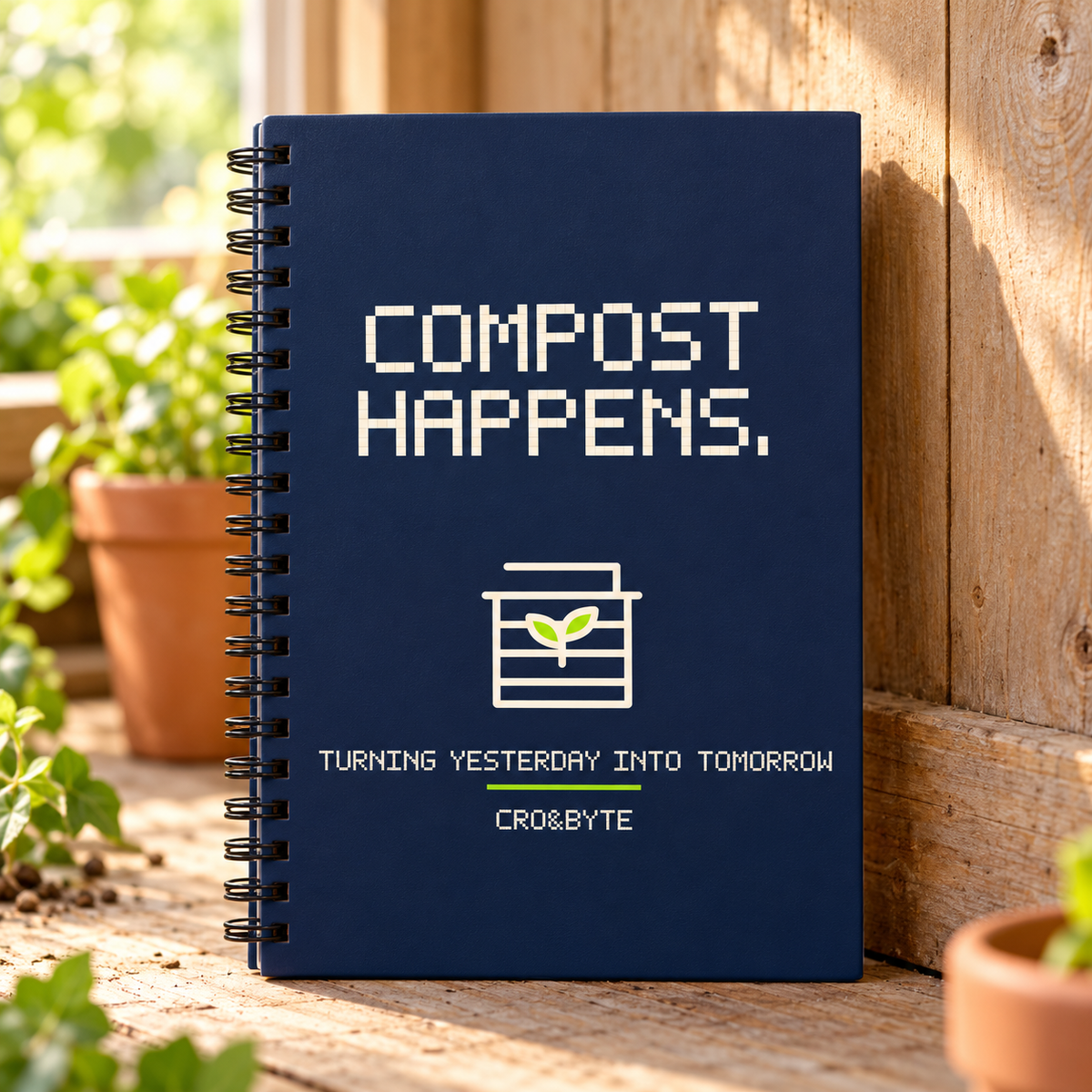 Compost Happens — Navy notebook, individual realistic product photograph