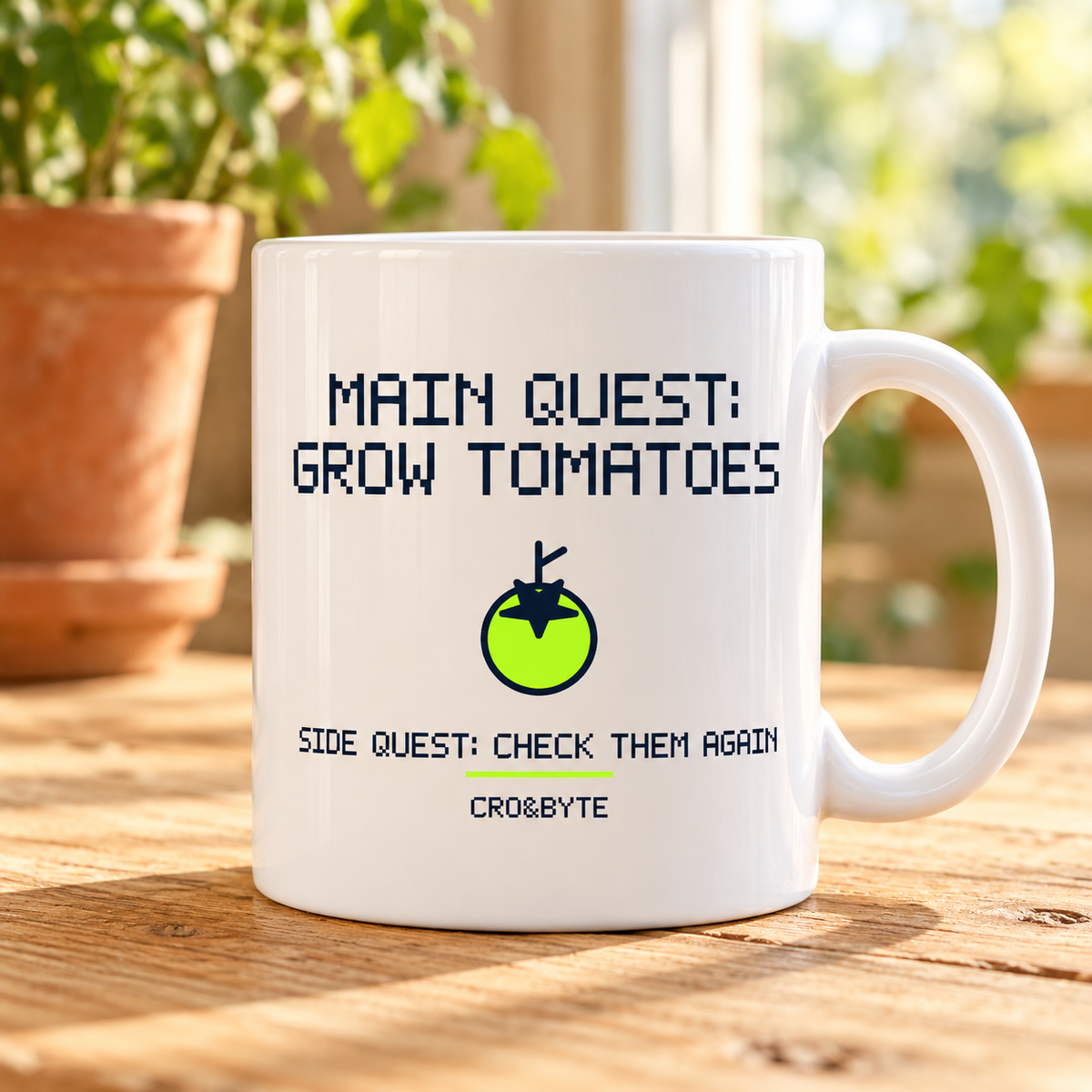 Main Quest Grow Tomatoes — White mug, individual realistic product photograph