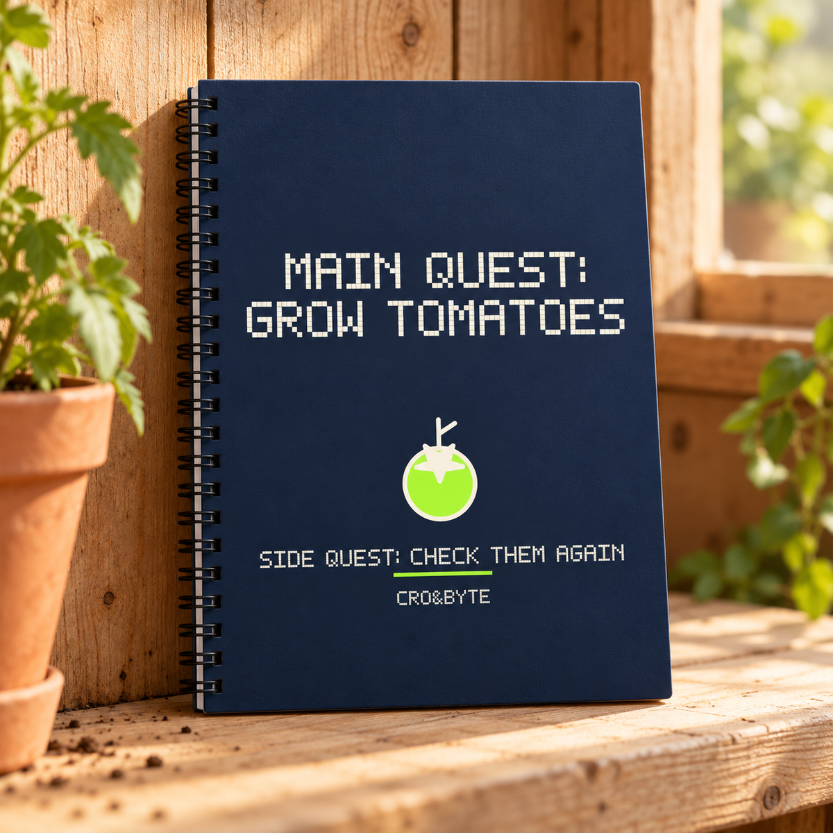 Main Quest Grow Tomatoes — Navy notebook, individual realistic product photograph