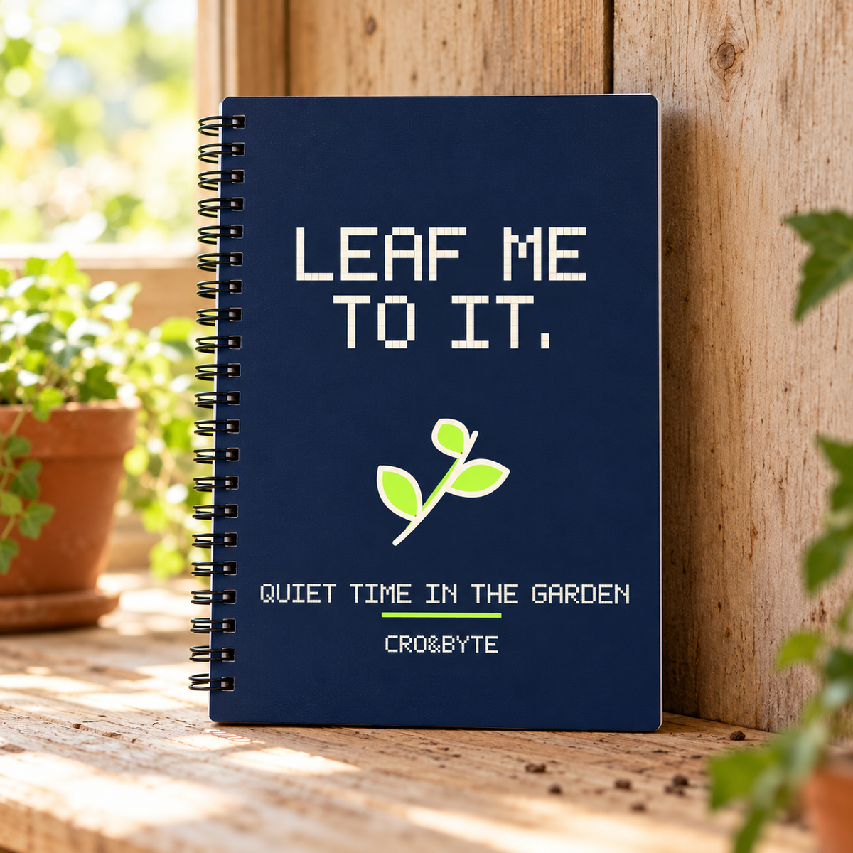 Leaf Me To It — Navy notebook, individual realistic product photograph