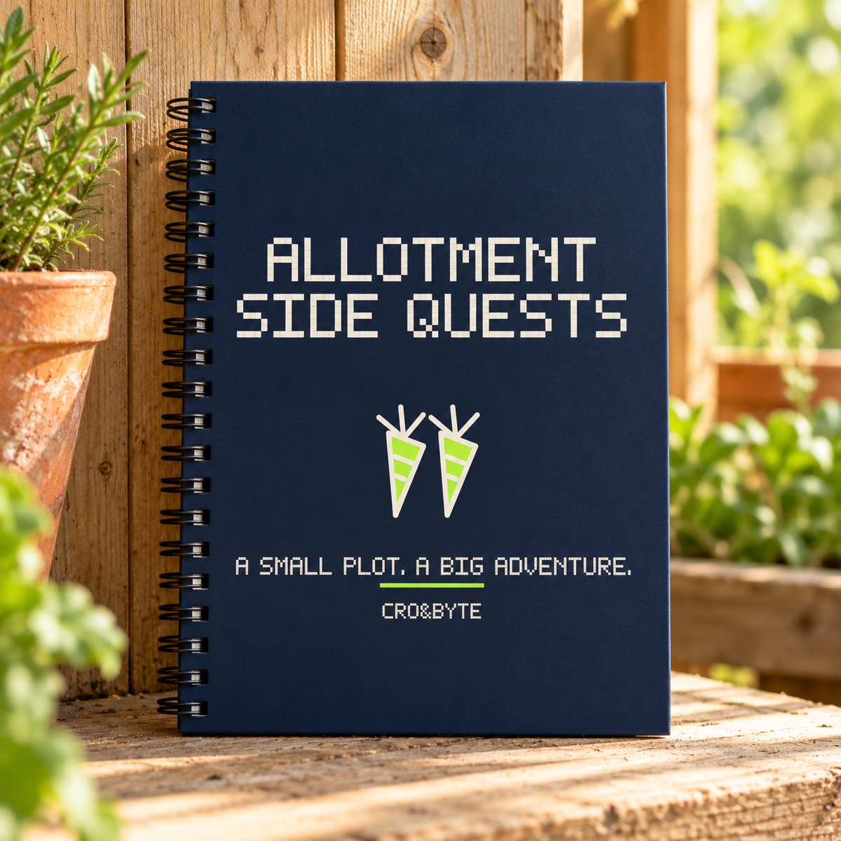 Allotment Side Quests — Navy notebook, individual realistic product photograph