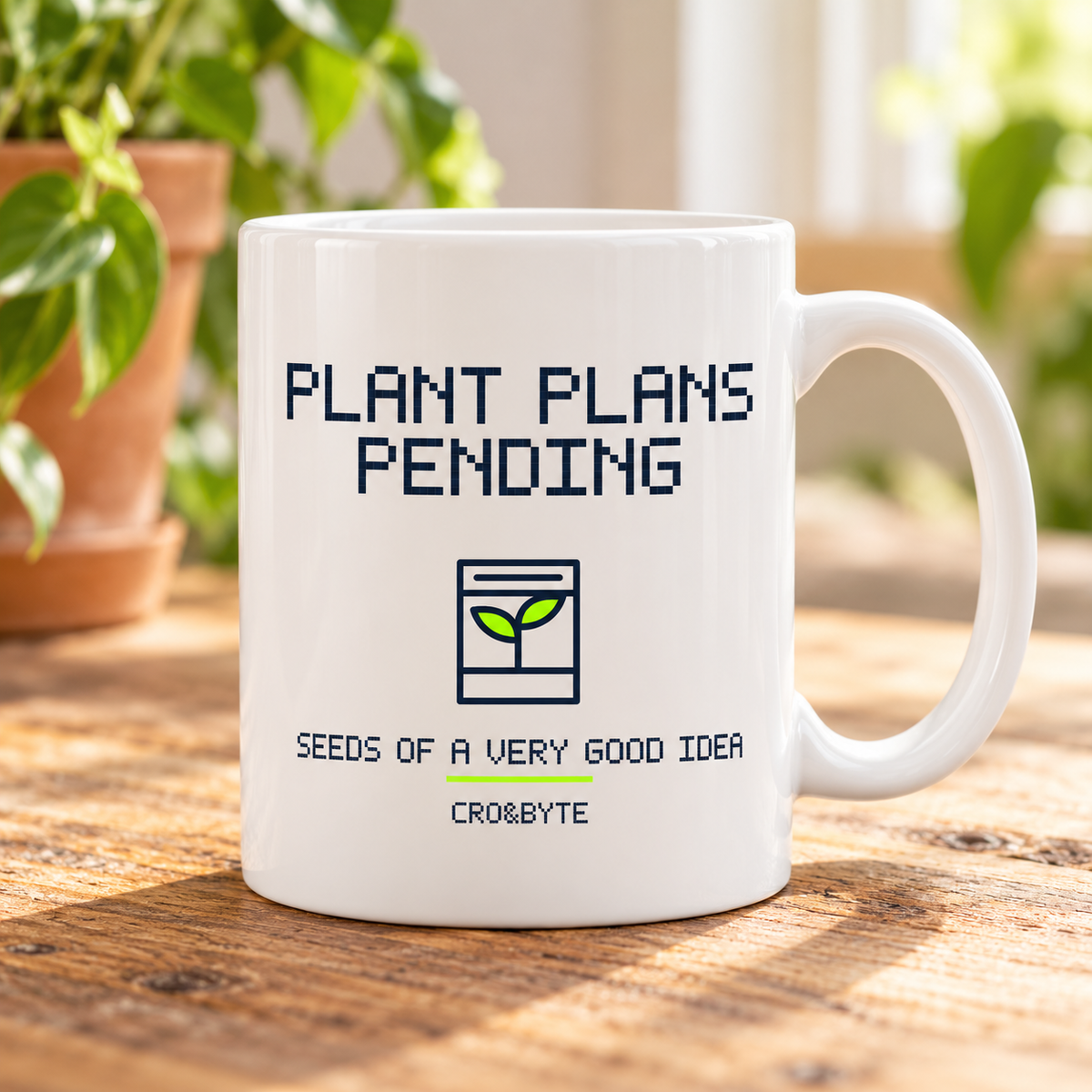 Plant Plans Pending — White mug, individual realistic product photograph