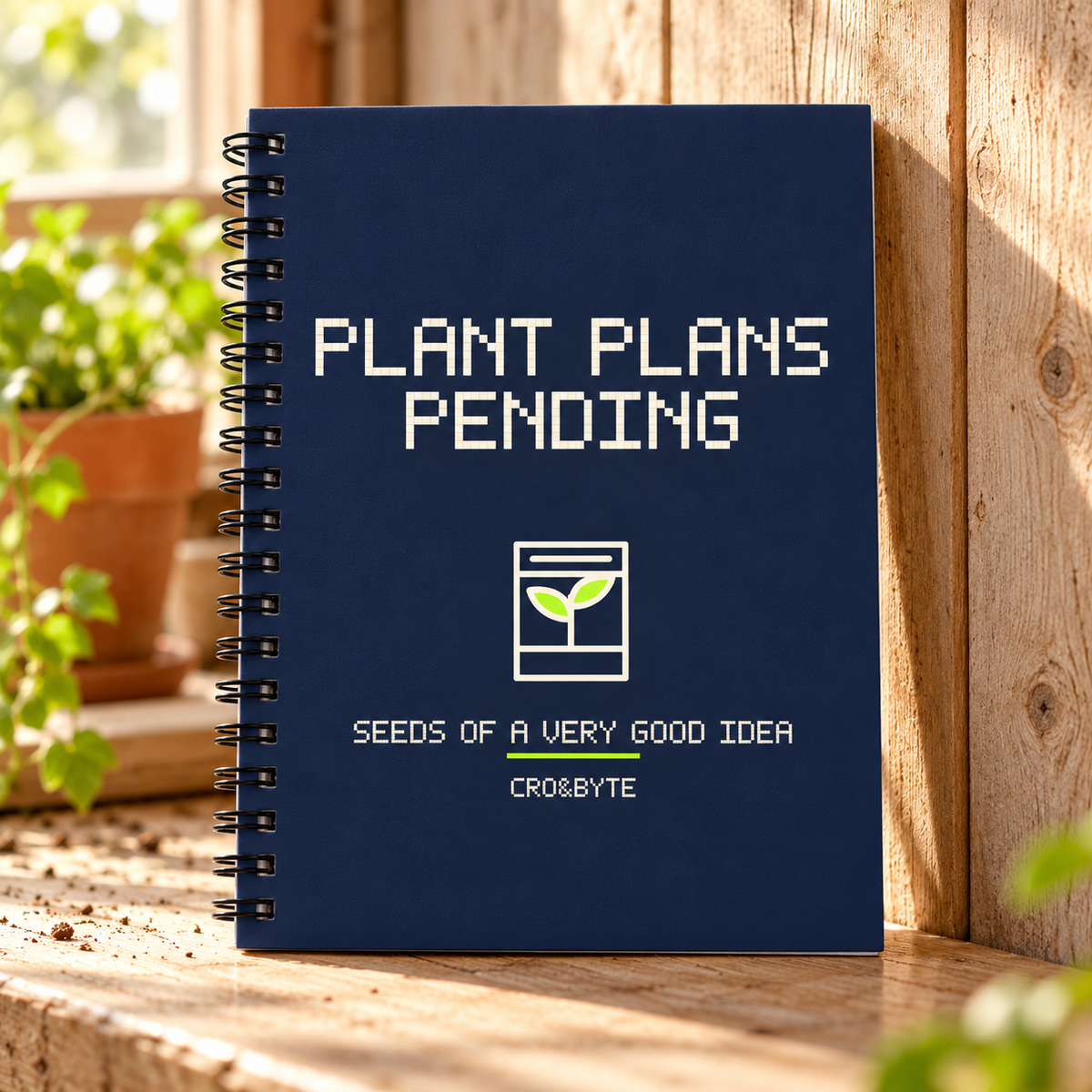Plant Plans Pending — Navy notebook, individual realistic product photograph