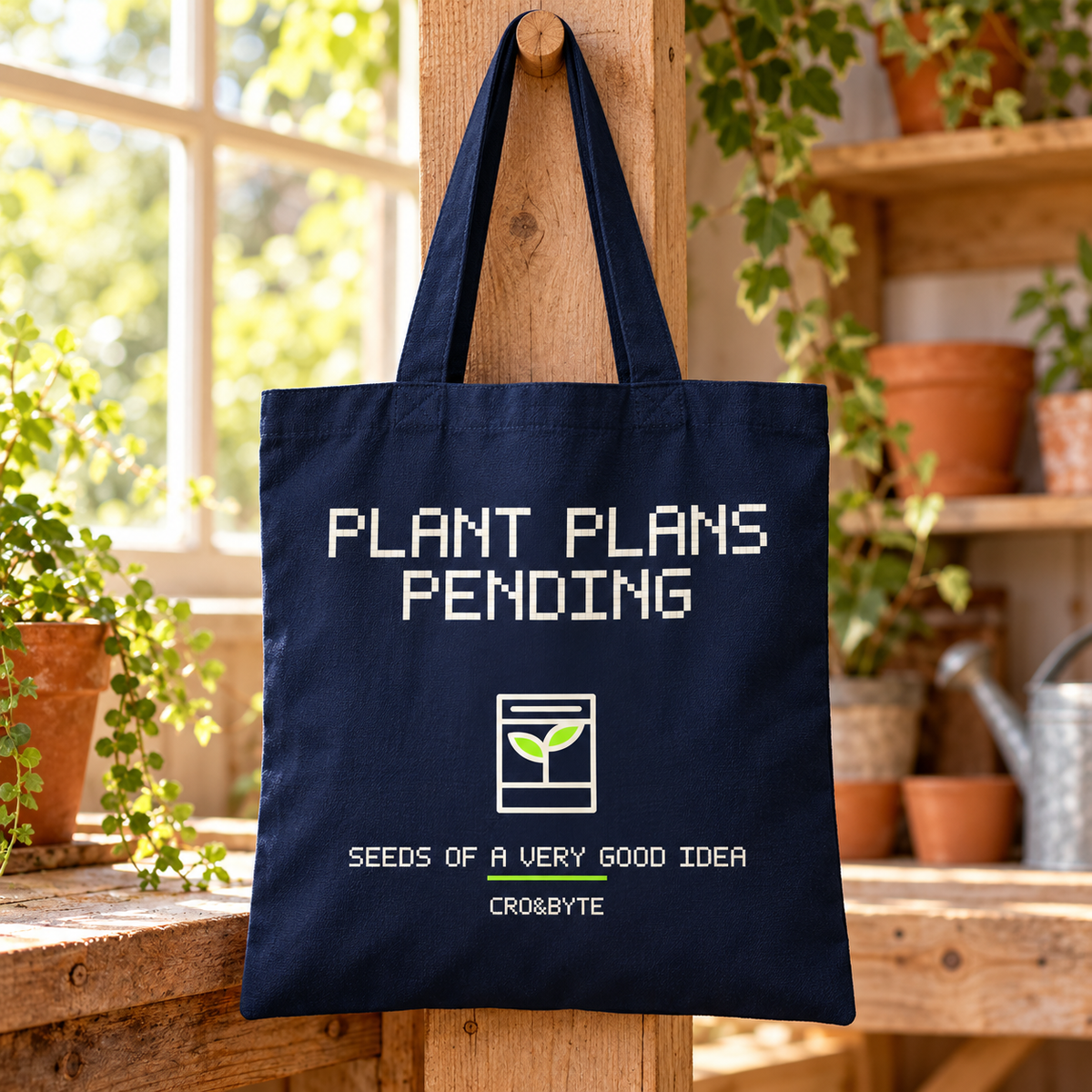 Plant Plans Pending — Navy tote, individual realistic product photograph