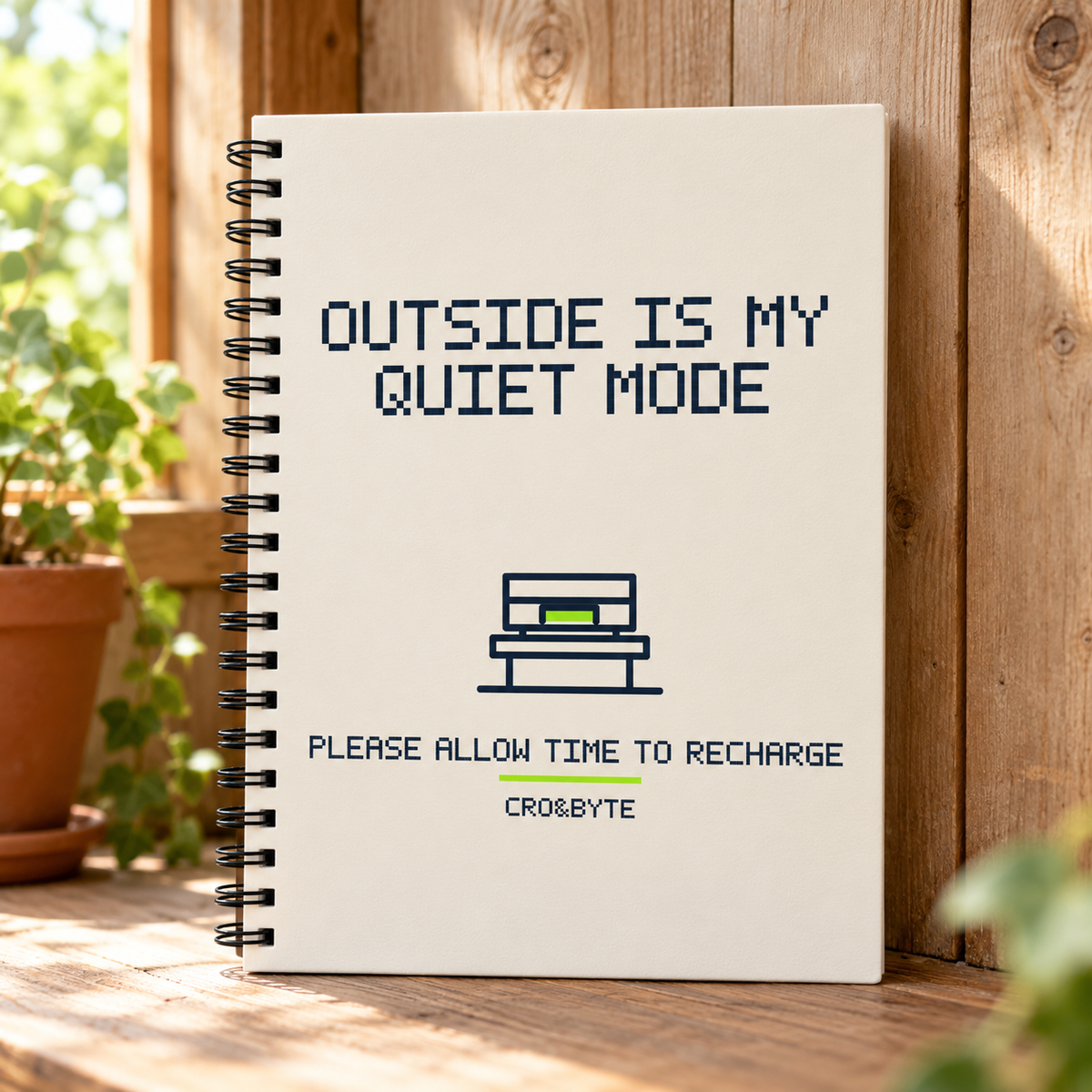 Outside Is My Quiet Mode — Cream notebook, individual realistic product photograph