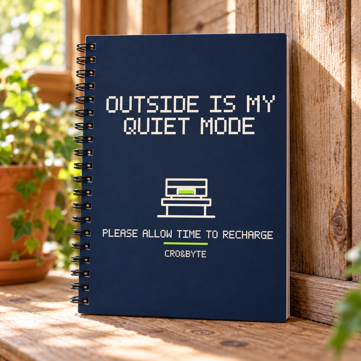 Outside Is My Quiet Mode — Navy notebook, individual realistic product photograph