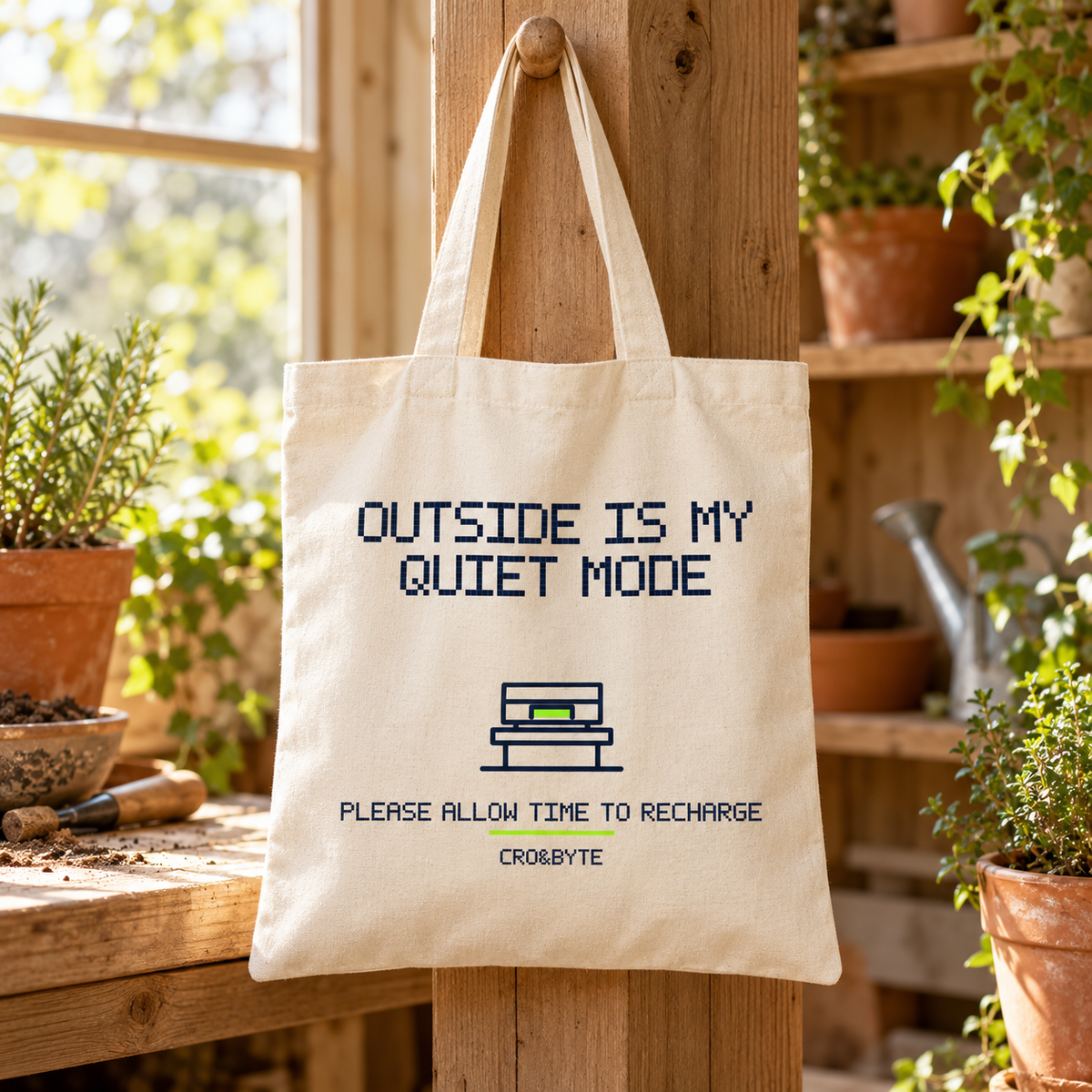 Outside Is My Quiet Mode — Cream tote, individual realistic product photograph