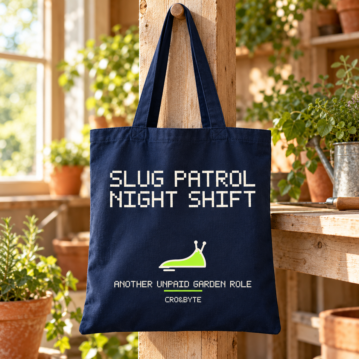 Slug Patrol Night Shift — Navy tote, individual realistic product photograph
