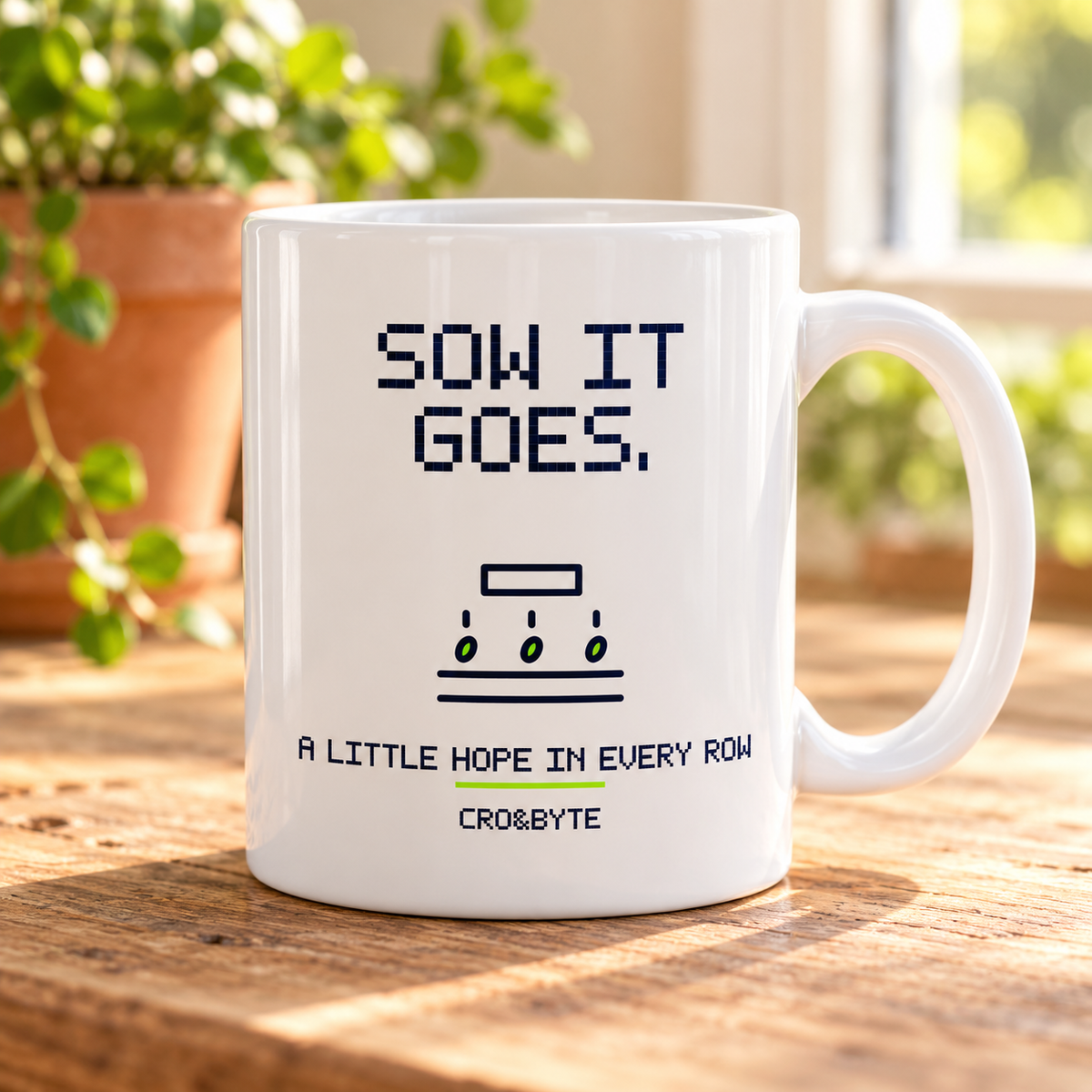 Sow It Goes — White mug, individual realistic product photograph
