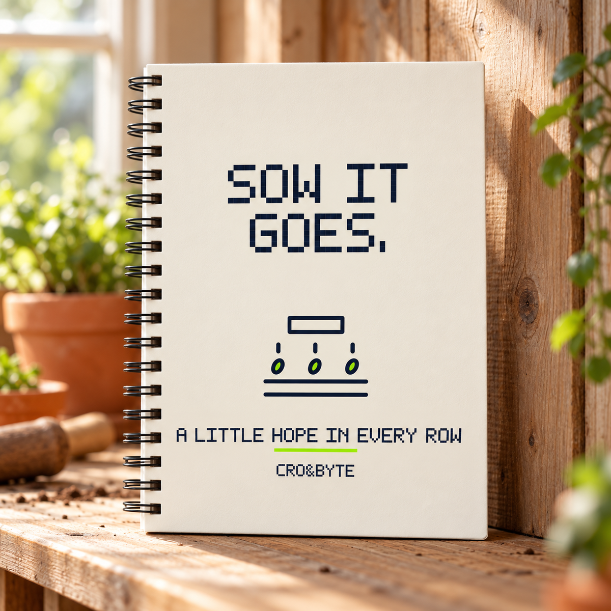 Sow It Goes — Cream notebook, individual realistic product photograph