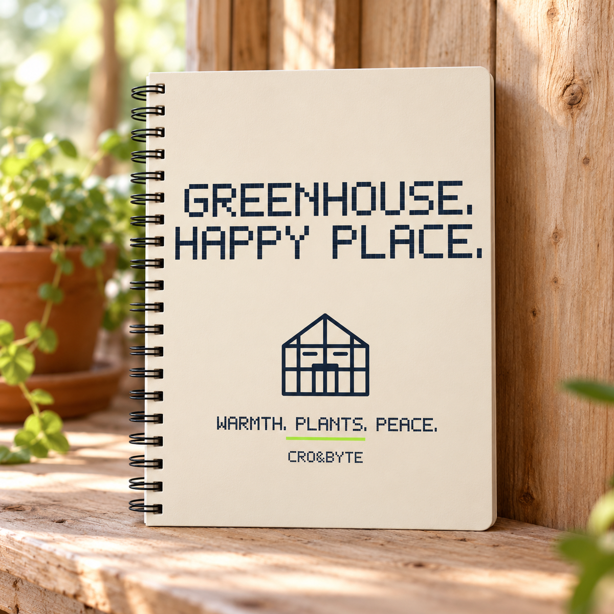 Greenhouse Happy Place — Cream notebook, individual realistic product photograph
