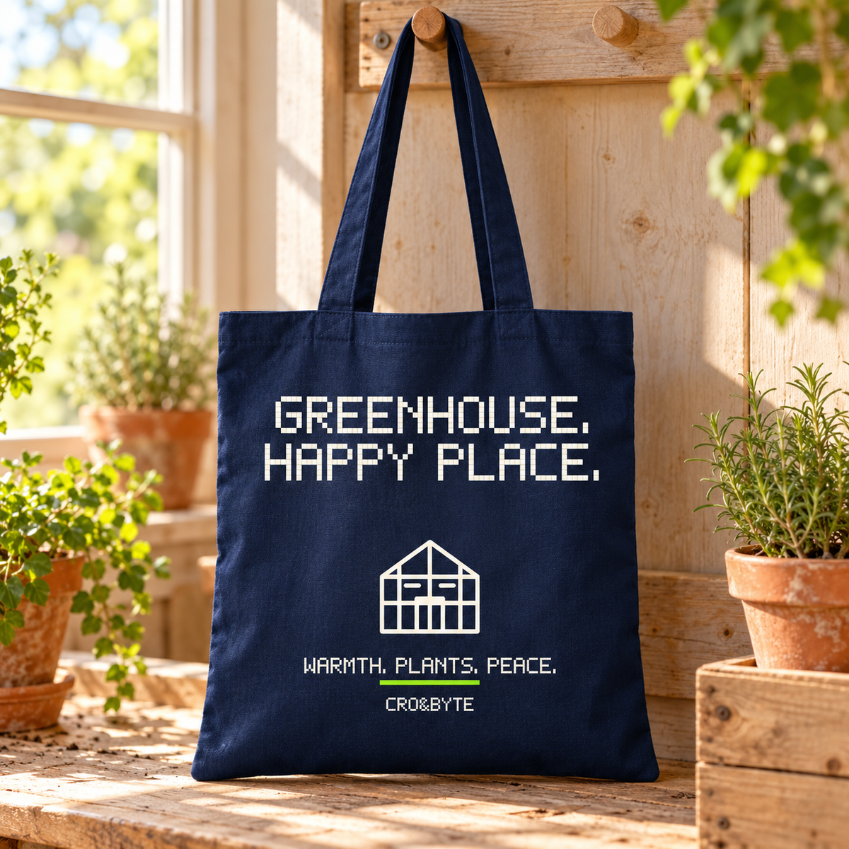 Greenhouse Happy Place — Navy tote, individual realistic product photograph