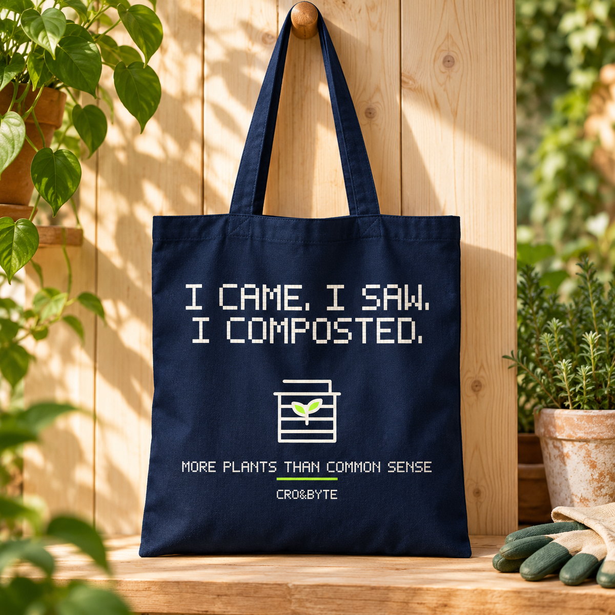 I Came I Saw I Composted — Tote Bag — Navy individual lifestyle photo