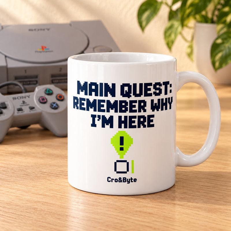 Main Quest: Remember Why I’m Here — Mug — styled product photo with matching original PlayStation console and controller