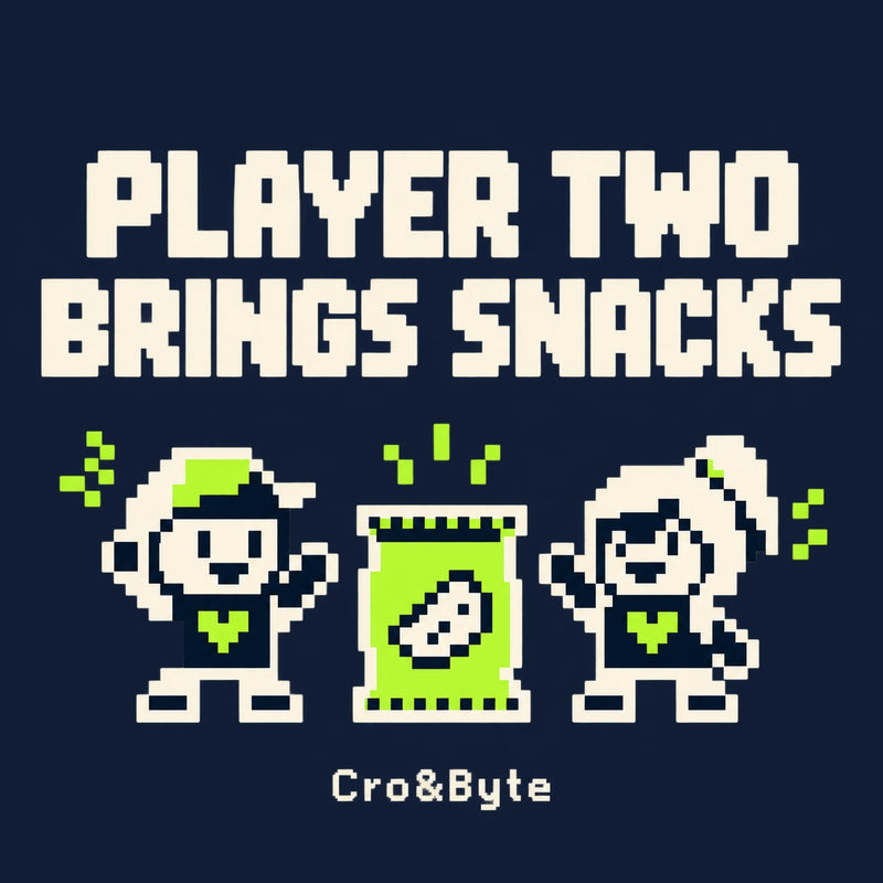Player Two Brings Snacks — Navy corrected artwork preview for tote