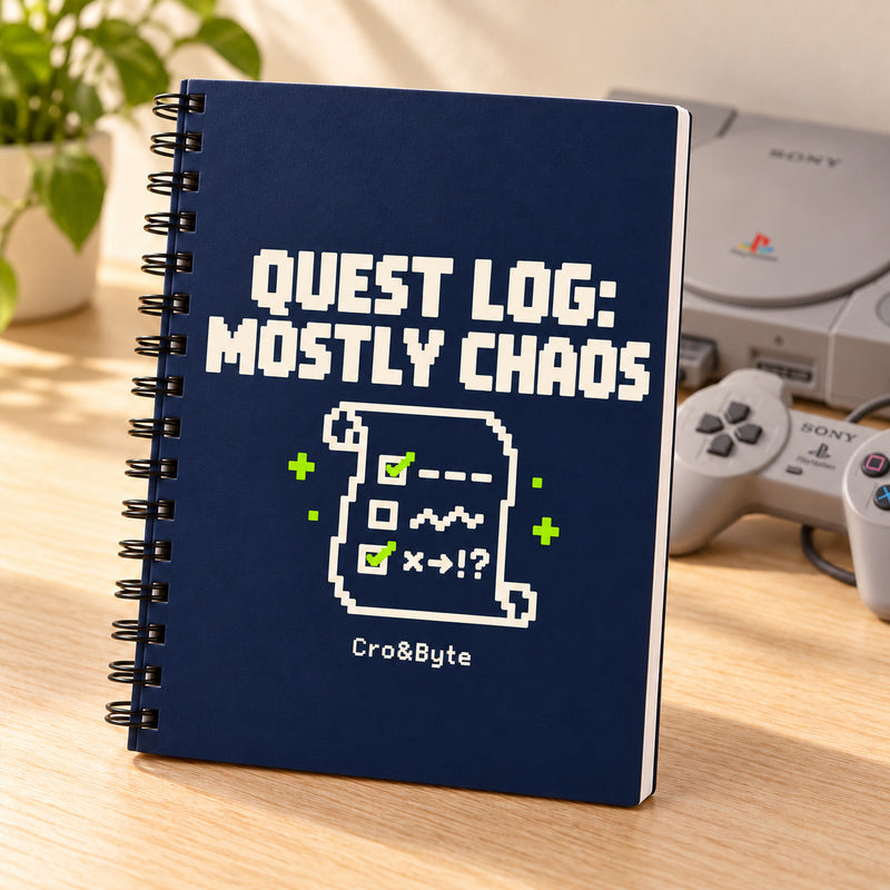 Quest Log: Mostly Chaos — Notebook — styled product photo with matching original PlayStation console and controller