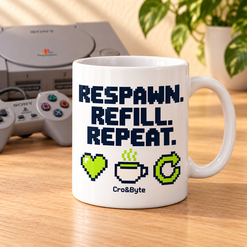 Respawn. Refill. Repeat. — Mug — styled product photo with matching original PlayStation console and controller