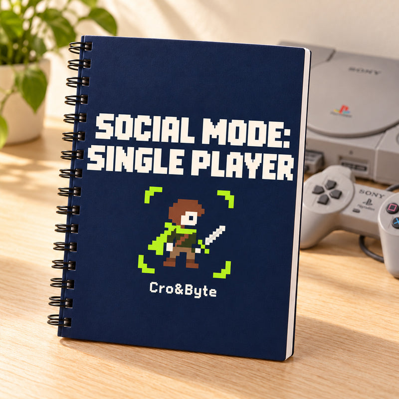 Social Mode: Single Player — Notebook — styled product photo with matching original PlayStation console and controller