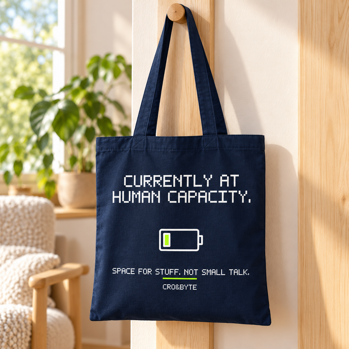 Currently At Human Capacity — Tote Bag — Navy individual lifestyle photo