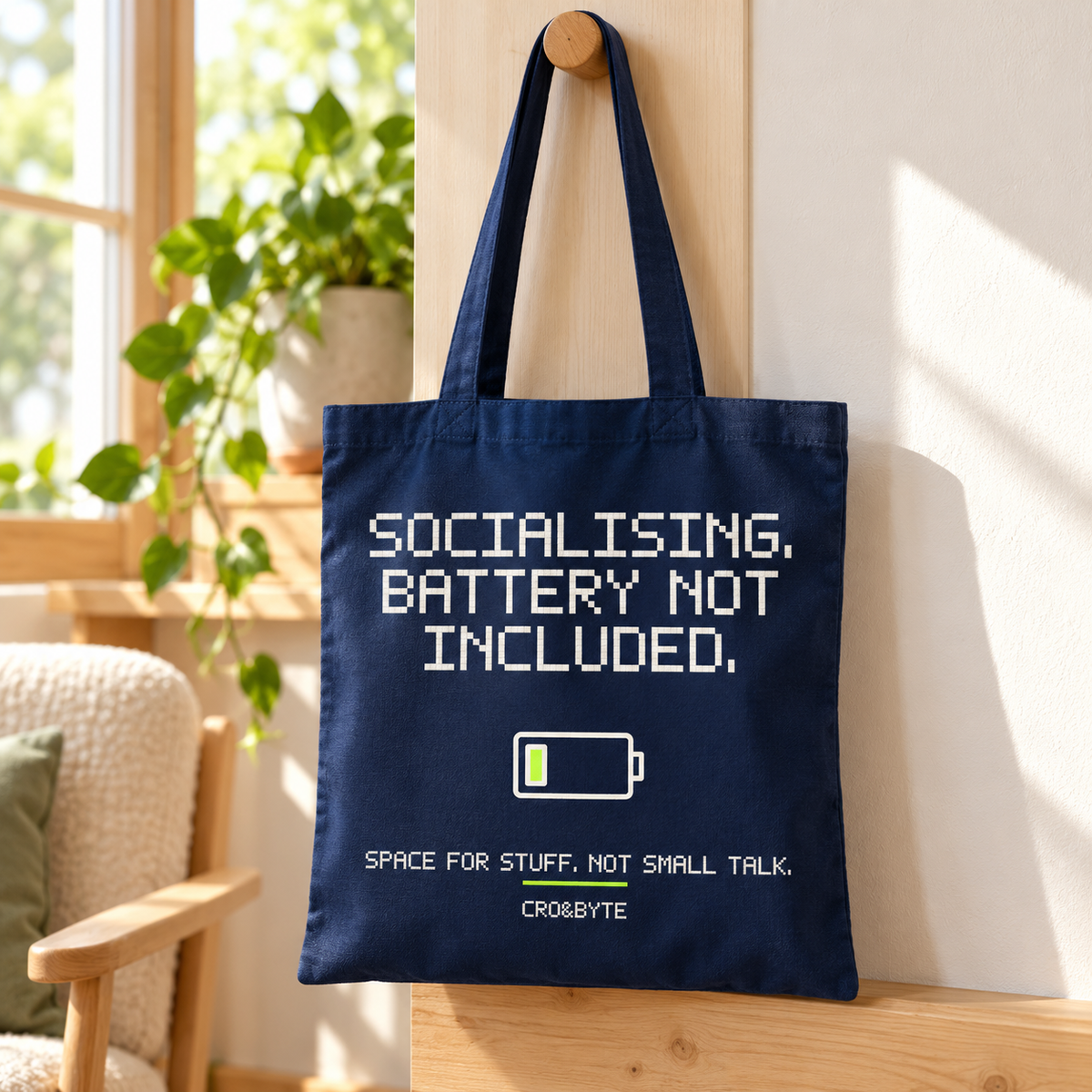 Socialising Battery Not Included — Tote Bag — Navy individual lifestyle photo
