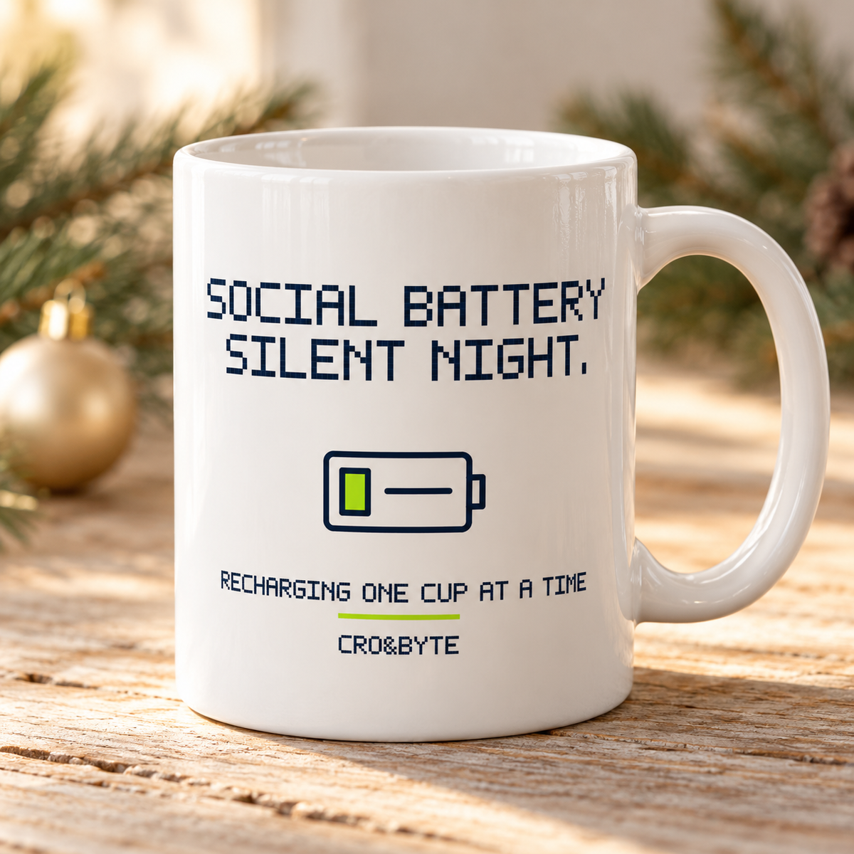 Social Battery On Silent Night — Mug — White individual lifestyle product image