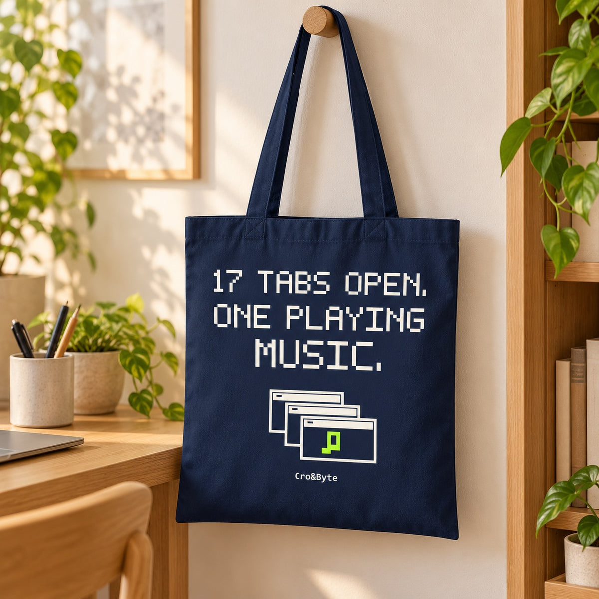 17 Tabs Open. One Playing Music. — Navy artwork preview for tote bag